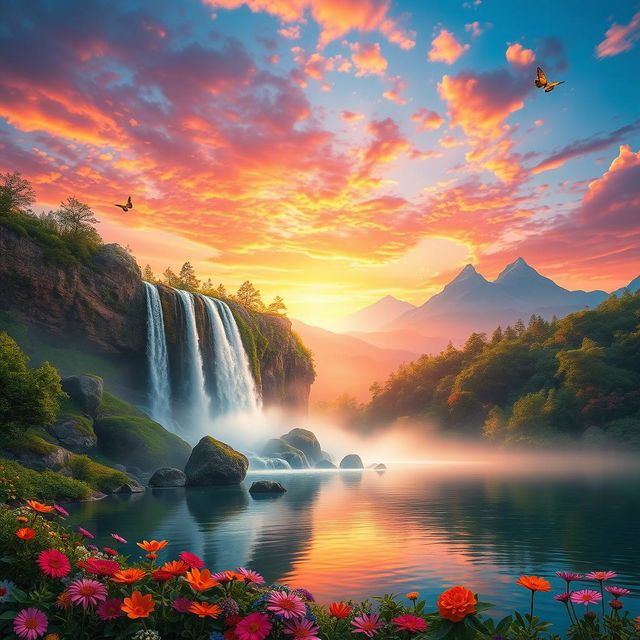 A stunning fantasy landscape featuring a majestic waterfall cascading down shimmering rocks, surrounded by lush green forests and vibrant, colorful flowers