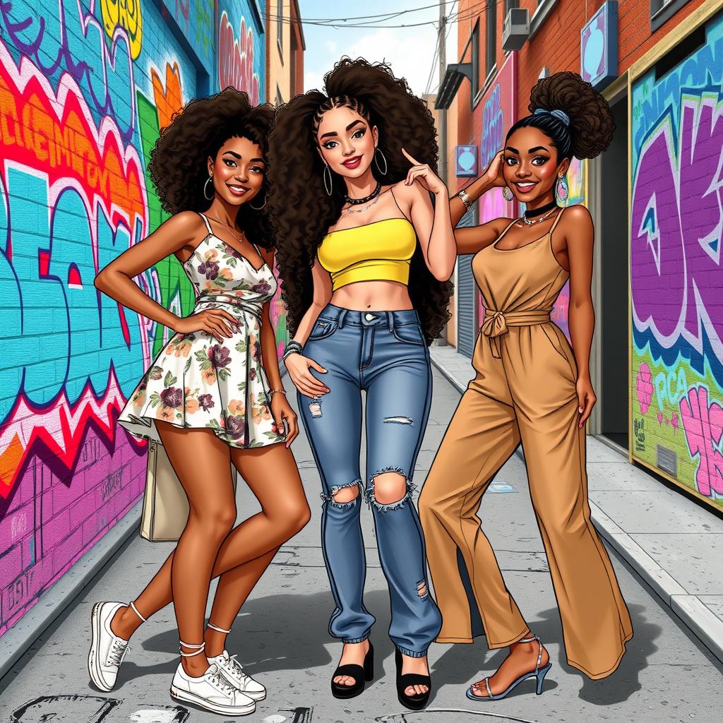 a vibrant illustration of three fashionable young women of diverse ethnicities in an urban street setting, showcasing their latest styles, with one wearing a floral mini dress, another in a trendy crop top and high-waisted jeans, and the last in a chic jumpsuit, all posing confidently with playful expressions amidst colorful graffiti on the walls, capturing a feeling of empowerment and sisterhood