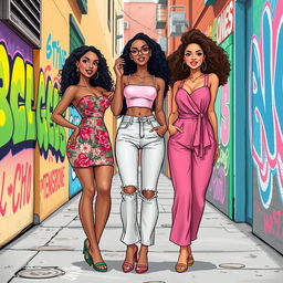 a vibrant illustration of three fashionable young women of diverse ethnicities in an urban street setting, showcasing their latest styles, with one wearing a floral mini dress, another in a trendy crop top and high-waisted jeans, and the last in a chic jumpsuit, all posing confidently with playful expressions amidst colorful graffiti on the walls, capturing a feeling of empowerment and sisterhood