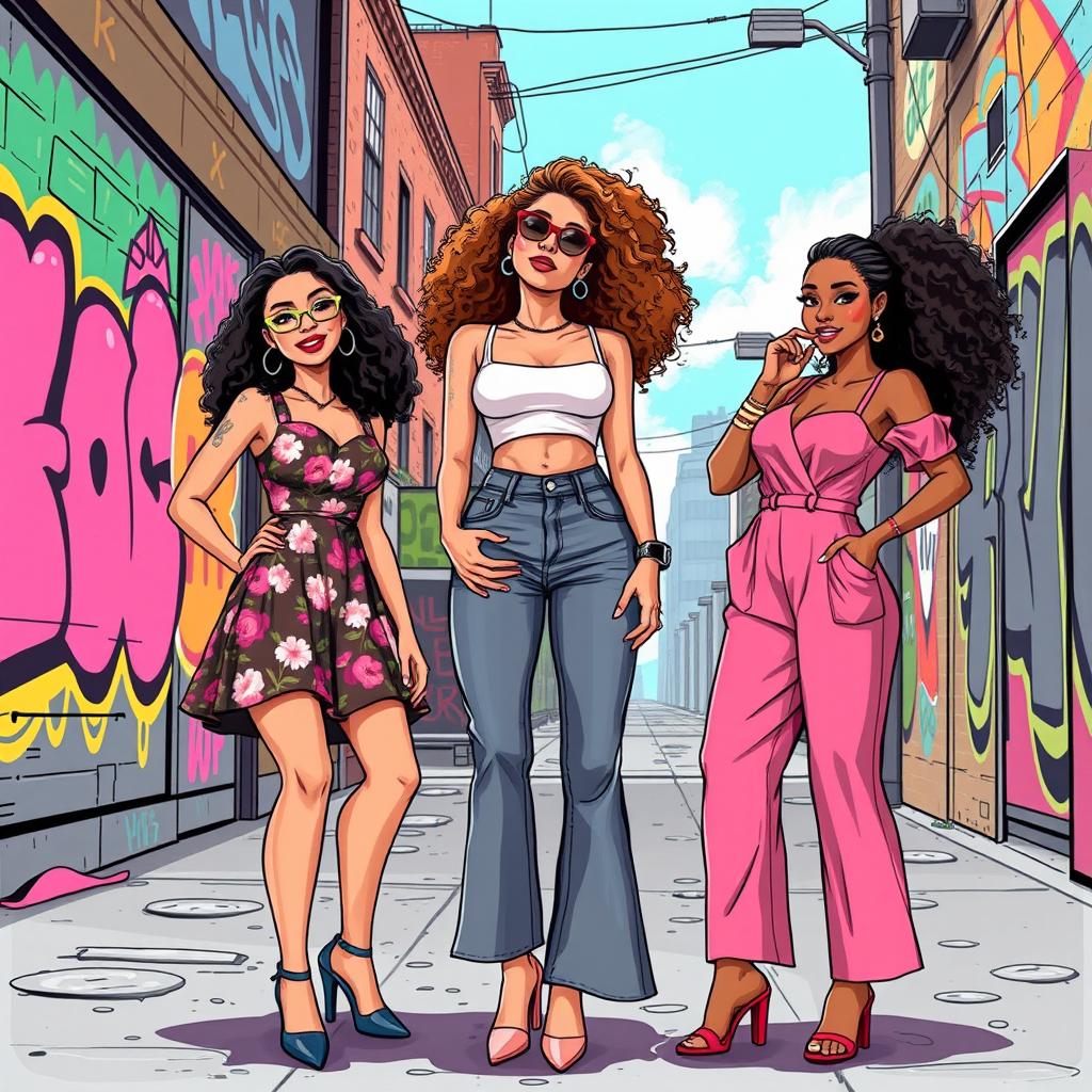 a vibrant illustration of three fashionable young women of diverse ethnicities in an urban street setting, showcasing their latest styles, with one wearing a floral mini dress, another in a trendy crop top and high-waisted jeans, and the last in a chic jumpsuit, all posing confidently with playful expressions amidst colorful graffiti on the walls, capturing a feeling of empowerment and sisterhood