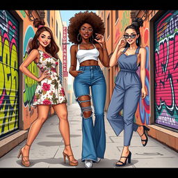 a vibrant illustration of three fashionable young women of diverse ethnicities in an urban street setting, showcasing their latest styles, with one wearing a floral mini dress, another in a trendy crop top and high-waisted jeans, and the last in a chic jumpsuit, all posing confidently with playful expressions amidst colorful graffiti on the walls, capturing a feeling of empowerment and sisterhood