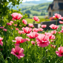 A vibrant and lush garden filled with blooming pink poppies, their delicate petals swaying in a gentle breeze