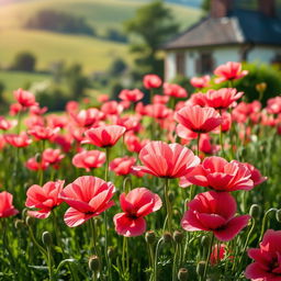 A vibrant and lush garden filled with blooming pink poppies, their delicate petals swaying in a gentle breeze