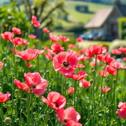 A vibrant and lush garden filled with blooming pink poppies, their delicate petals swaying in a gentle breeze