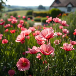 A vibrant and lush garden filled with blooming pink poppies, their delicate petals swaying in a gentle breeze