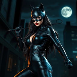 A stunning portrayal of Catwoman in a sleek, form-fitting black latex costume