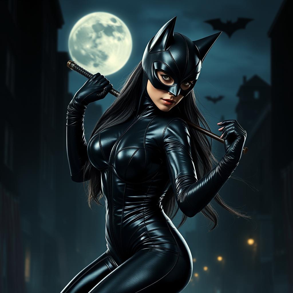 A stunning portrayal of Catwoman in a sleek, form-fitting black latex costume