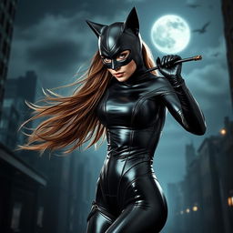 A stunning portrayal of Catwoman in a sleek, form-fitting black latex costume