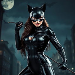 A stunning portrayal of Catwoman in a sleek, form-fitting black latex costume