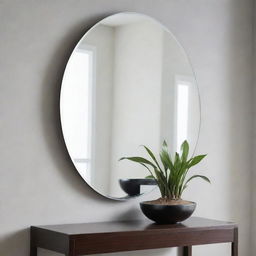 A modern, sleek mirror with minimalist design, clean lines, and a high-gloss finish, reflecting the surrounding with precision.