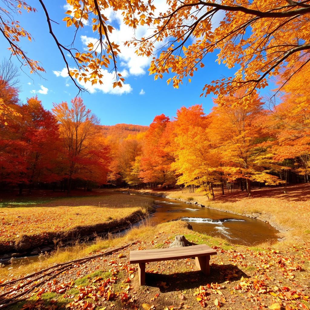 A serene autumn landscape showcasing a tranquil forest scene filled with vibrant fall foliage