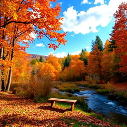 A serene autumn landscape showcasing a tranquil forest scene filled with vibrant fall foliage