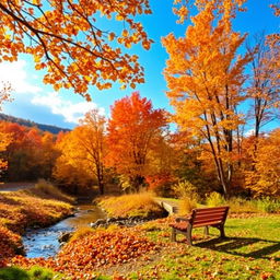 A serene autumn landscape showcasing a tranquil forest scene filled with vibrant fall foliage