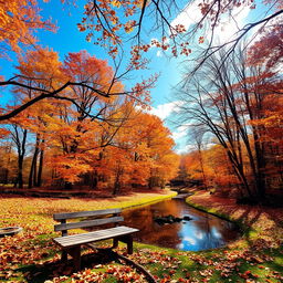 A serene autumn landscape showcasing a tranquil forest scene filled with vibrant fall foliage