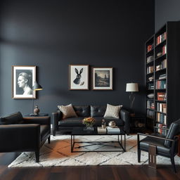 A stylish, masculine room featuring a wall with a rich, dark color, such as deep navy or charcoal grey