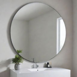 A modern, sleek mirror with minimalist design, clean lines, and a high-gloss finish, reflecting the surrounding with precision.