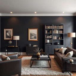 A stylish, masculine room featuring a wall with a rich, dark color, such as deep navy or charcoal grey