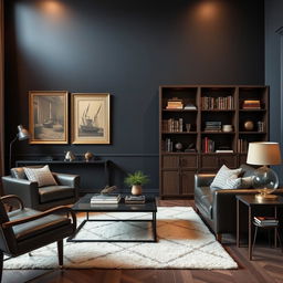 A stylish, masculine room featuring a wall with a rich, dark color, such as deep navy or charcoal grey