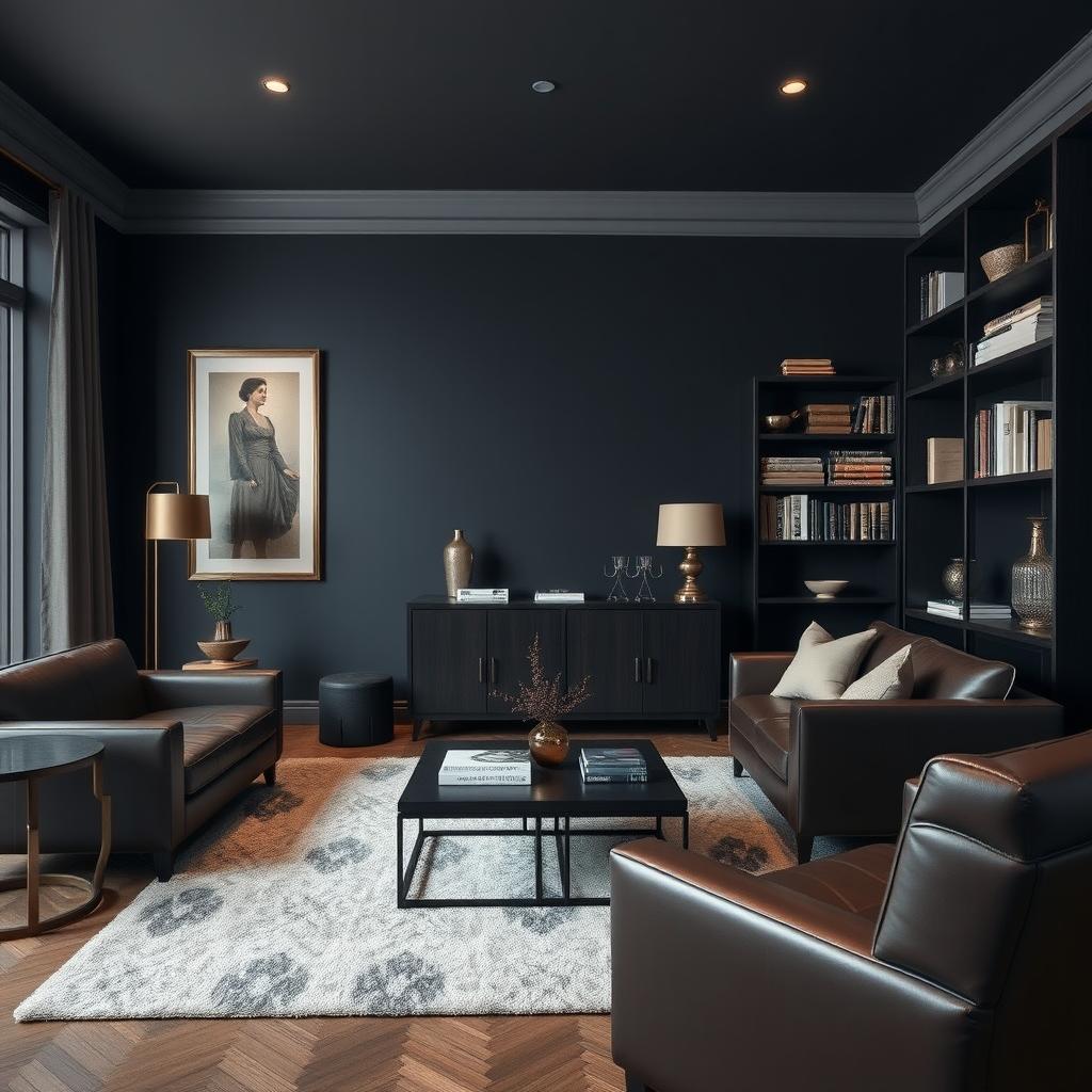 A stylish, masculine room featuring a wall with a rich, dark color, such as deep navy or charcoal grey