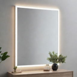 A contemporary mirror featuring crisp, linear design accentuated by embedded LED lights around the border casting a soft, flattering glow.