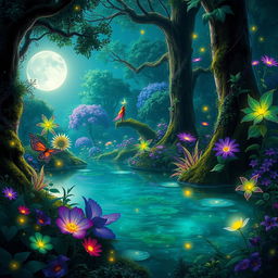 A fantasy landscape of a vibrant, enchanted forest with bioluminescent plants and magical creatures