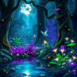 A fantasy landscape of a vibrant, enchanted forest with bioluminescent plants and magical creatures