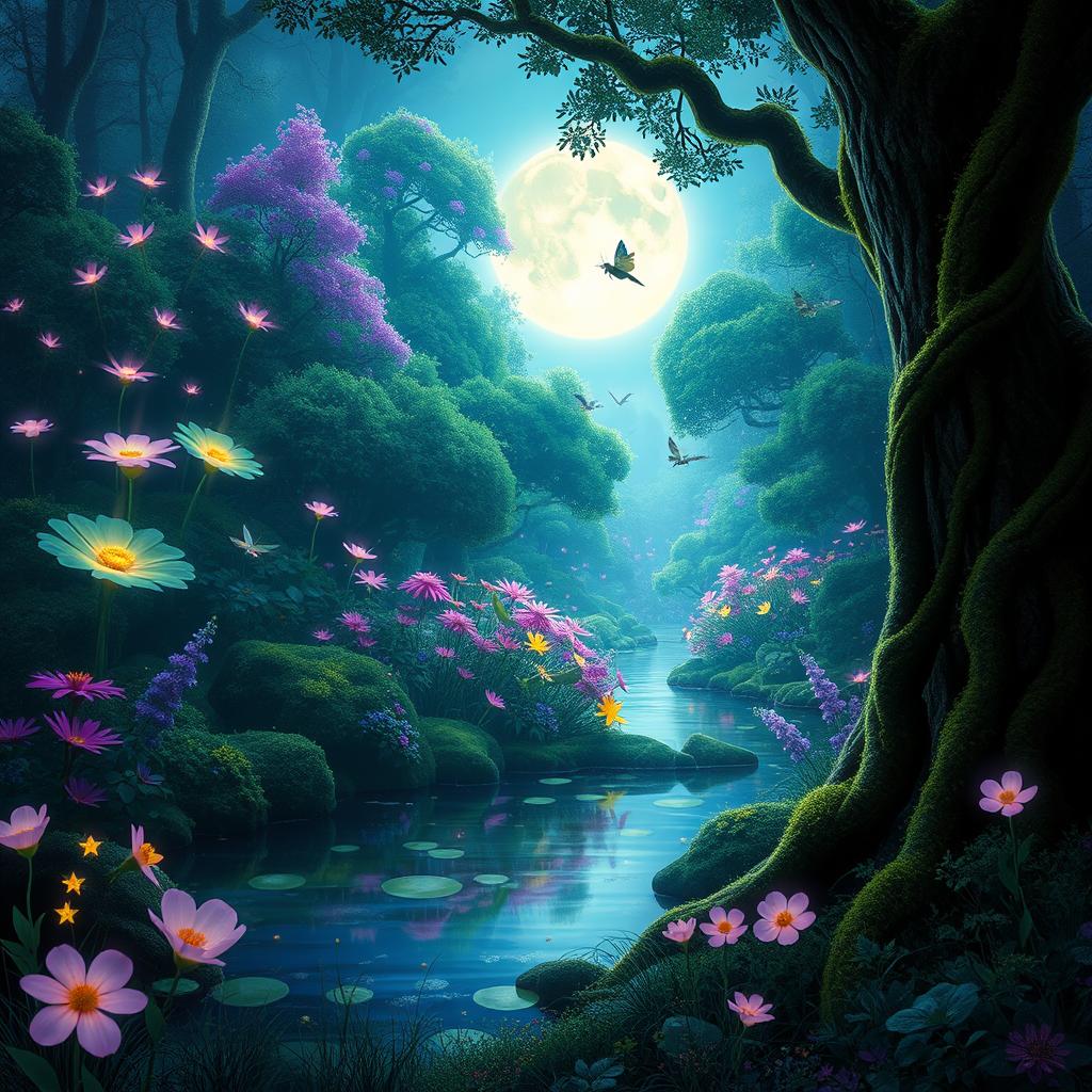 A fantasy landscape of a vibrant, enchanted forest with bioluminescent plants and magical creatures