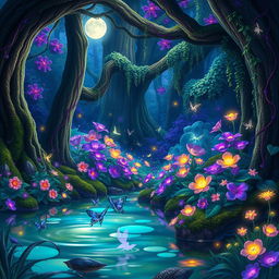 A fantasy landscape of a vibrant, enchanted forest with bioluminescent plants and magical creatures