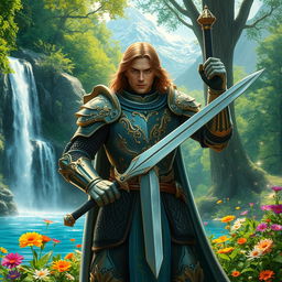 A fantasy knight standing valiantly in a lush green forest, adorned in intricately designed armor with elaborate golden patterns