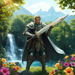 A fantasy knight standing valiantly in a lush green forest, adorned in intricately designed armor with elaborate golden patterns