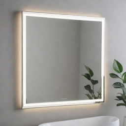 A contemporary mirror featuring crisp, linear design accentuated by embedded LED lights around the border casting a soft, flattering glow.