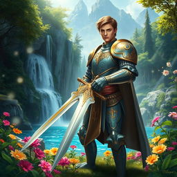 A fantasy knight standing valiantly in a lush green forest, adorned in intricately designed armor with elaborate golden patterns