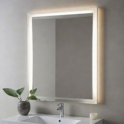 A contemporary mirror featuring crisp, linear design accentuated by embedded LED lights around the border casting a soft, flattering glow.