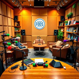 A vibrant and engaging podcast studio filled with colorful microphones, headphones, and recording equipment