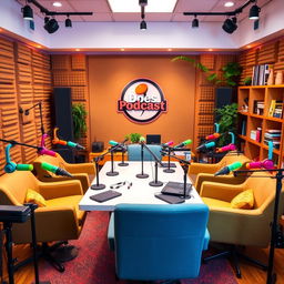 A vibrant and engaging podcast studio filled with colorful microphones, headphones, and recording equipment