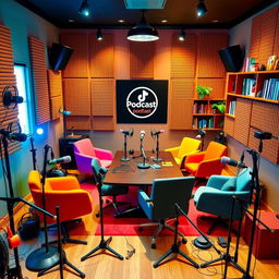 A vibrant and engaging podcast studio filled with colorful microphones, headphones, and recording equipment