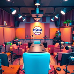 A vibrant and engaging podcast studio filled with colorful microphones, headphones, and recording equipment