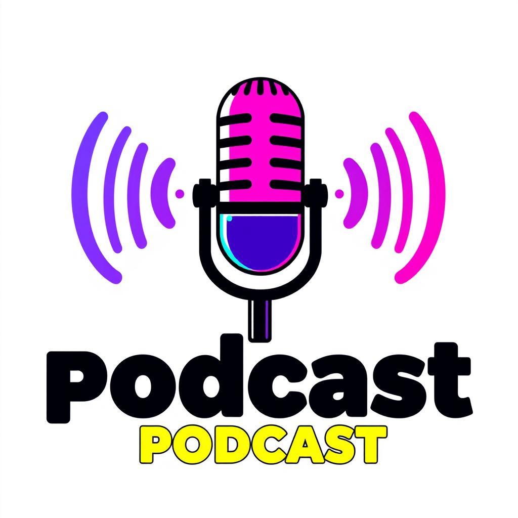 A vibrant podcast logo design featuring a stylized microphone at the center