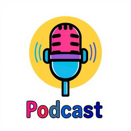 A vibrant podcast logo design featuring a stylized microphone at the center