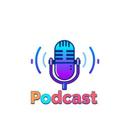 A vibrant podcast logo design featuring a stylized microphone at the center