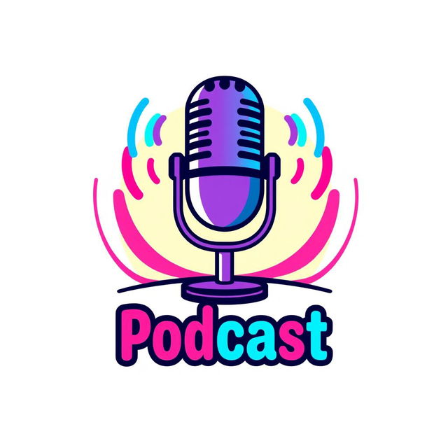 A vibrant podcast logo design featuring a stylized microphone at the center