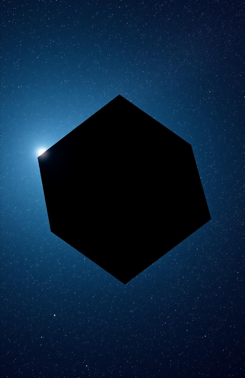 A giant black cube orbiting the Earth, set against the backdrop of a starry night sky