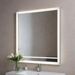 A contemporary mirror featuring crisp, linear design accentuated by embedded LED lights around the border casting a soft, flattering glow.