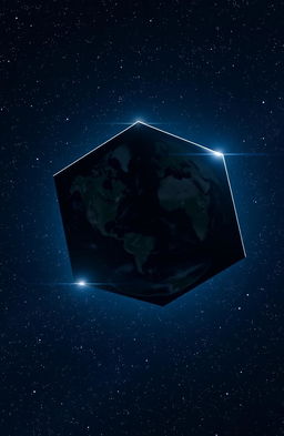 A giant black cube orbiting the Earth, set against the backdrop of a starry night sky