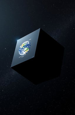 A giant black cube orbiting the Earth, set against the backdrop of a starry night sky