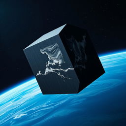 A giant black cube slowly approaching the Earth, depicted in a surreal, dramatic scene set against the vastness of space