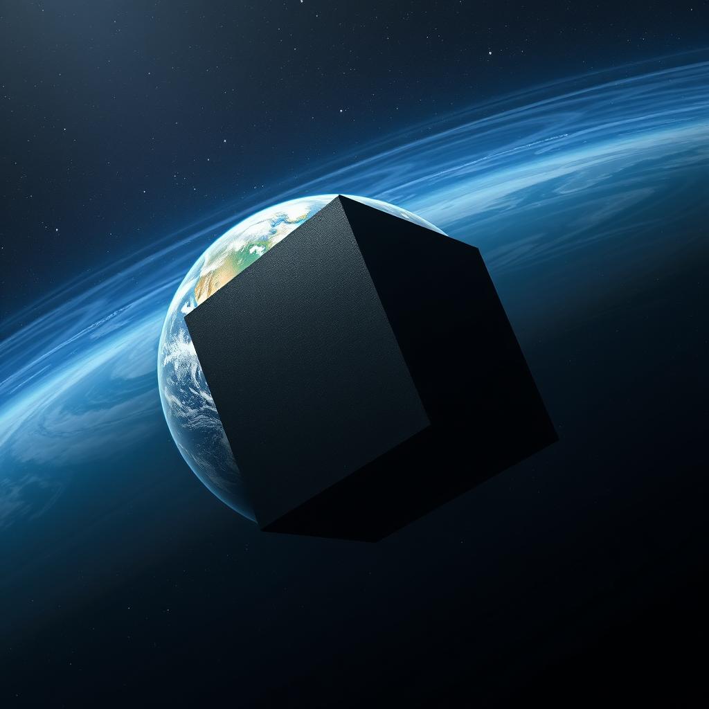 A giant black cube slowly approaching the Earth, depicted in a surreal, dramatic scene set against the vastness of space