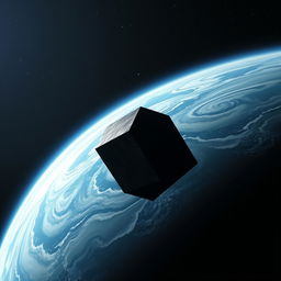 A giant black cube slowly approaching the Earth, depicted in a surreal, dramatic scene set against the vastness of space