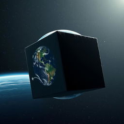 A giant black cube slowly approaching the Earth, depicted in a surreal, dramatic scene set against the vastness of space