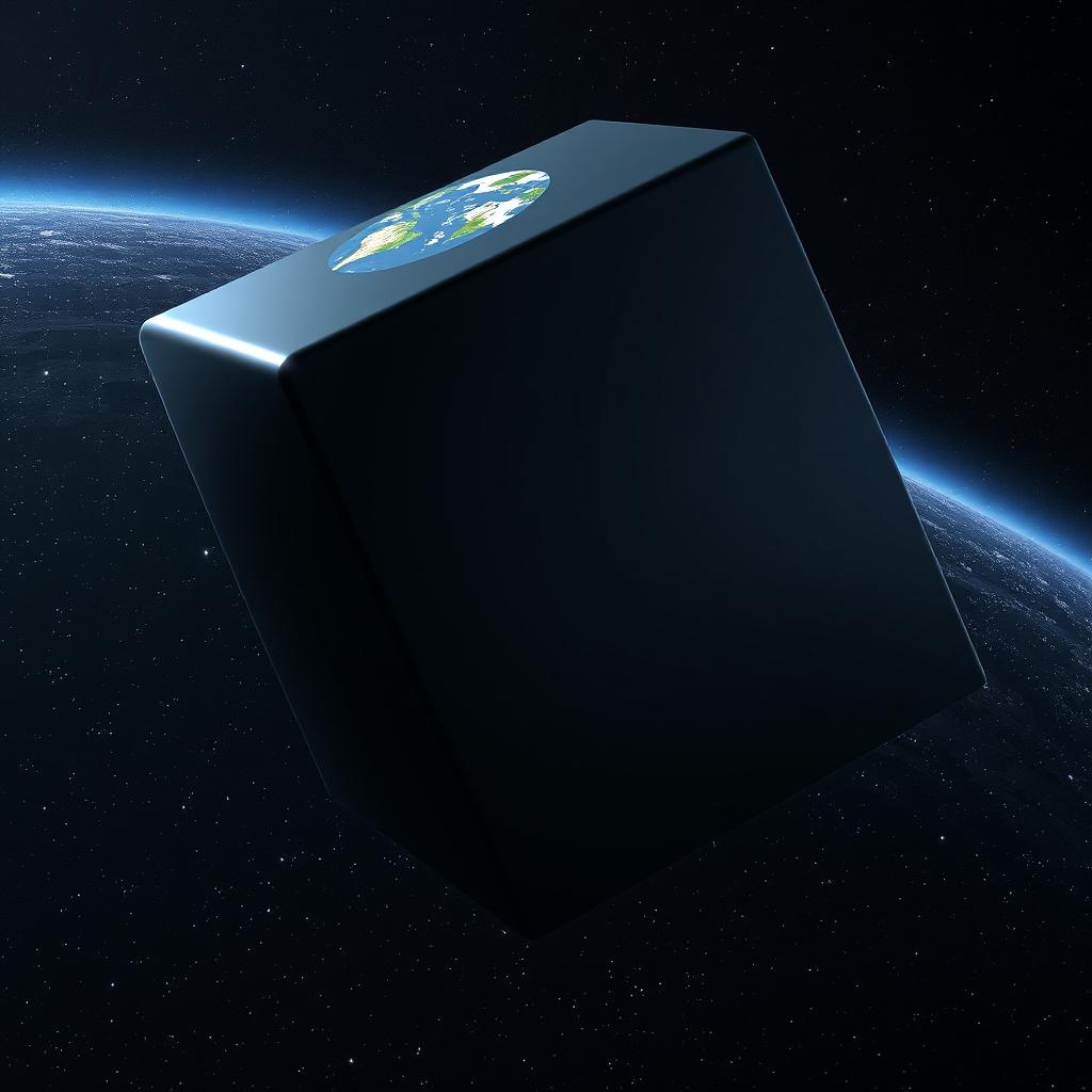 A giant black cube slowly orbiting the Earth, depicted in a breathtaking cosmic scene